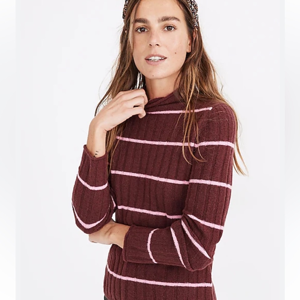 MADEWELL STRIPED EVERCREST TURTLENECK SWEATER BURGUNDY AND PINK SIZE XL